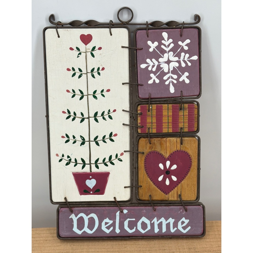 Rustic Folk Art Welcome Sign Metal Wood Wall Hanging Tree Snowflake Heart Decor